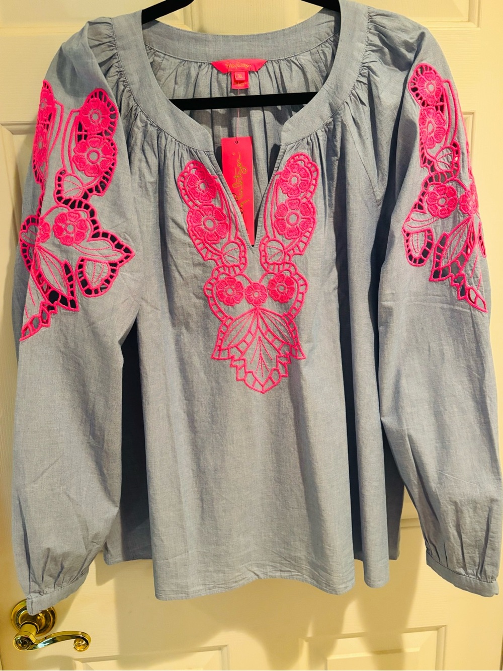 Lilly Pulitzer Amabella Light Blue Blouse with Hot Pink Embroidery-